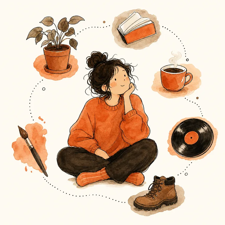 A person surrounded by a floating constellation of the little things that make them who they are