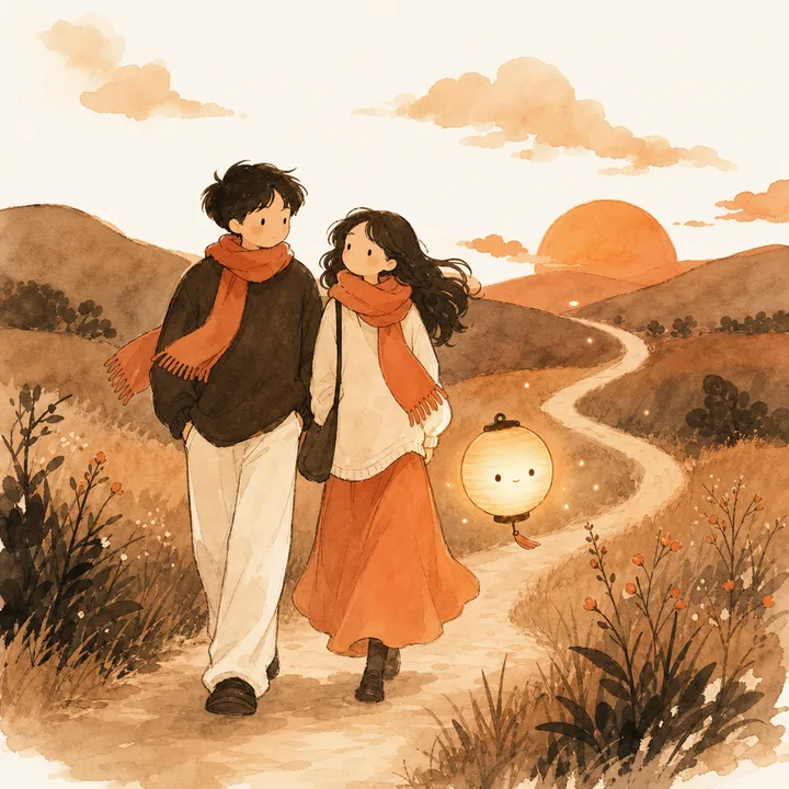 A couple walking a winding path at dusk, a small glowing lantern floating beside them