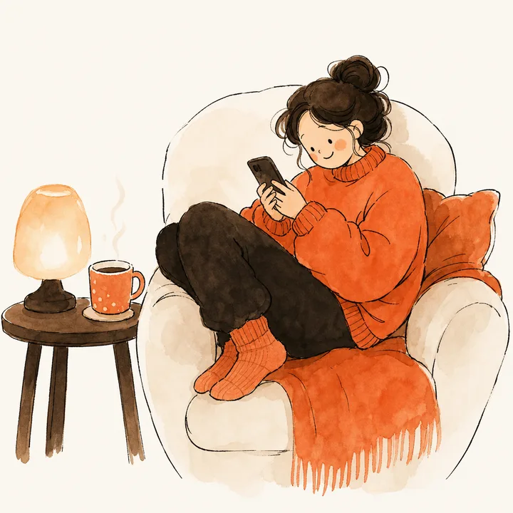 A person curled up in a big armchair, chatting on their phone